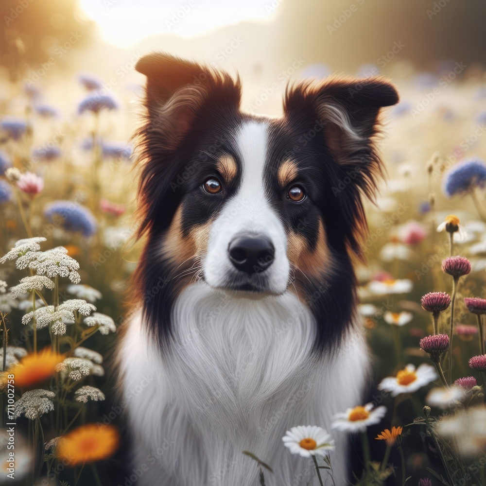 Border collie in blossoming meadow at sunset
