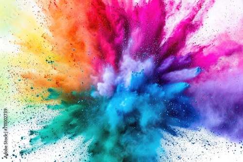 Colorful powder exploding in a vibrant burst against a clean white background. Perfect for adding a burst of color and energy to your designs or projects