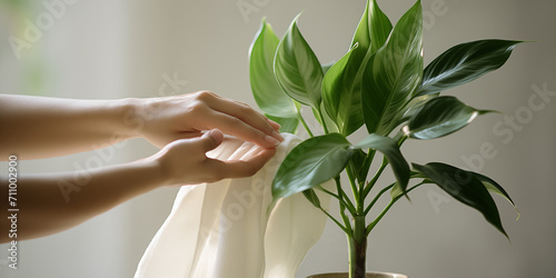 Hands wiping dust on leaf with potted plants , care and cleaning leaves photo with light background photo