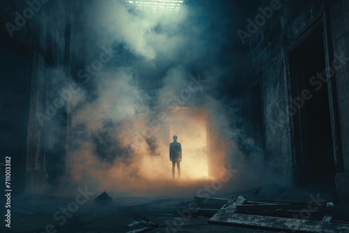 A person standing in a dark room with smoke emanating from it. Perfect for creating a mysterious and atmospheric setting.