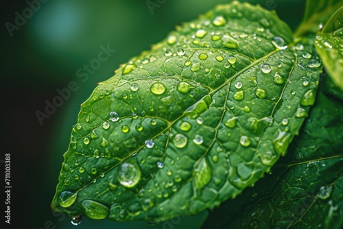 A vibrant green leaf with glistening water droplets. Perfect for nature-themed designs or environmental concepts photo