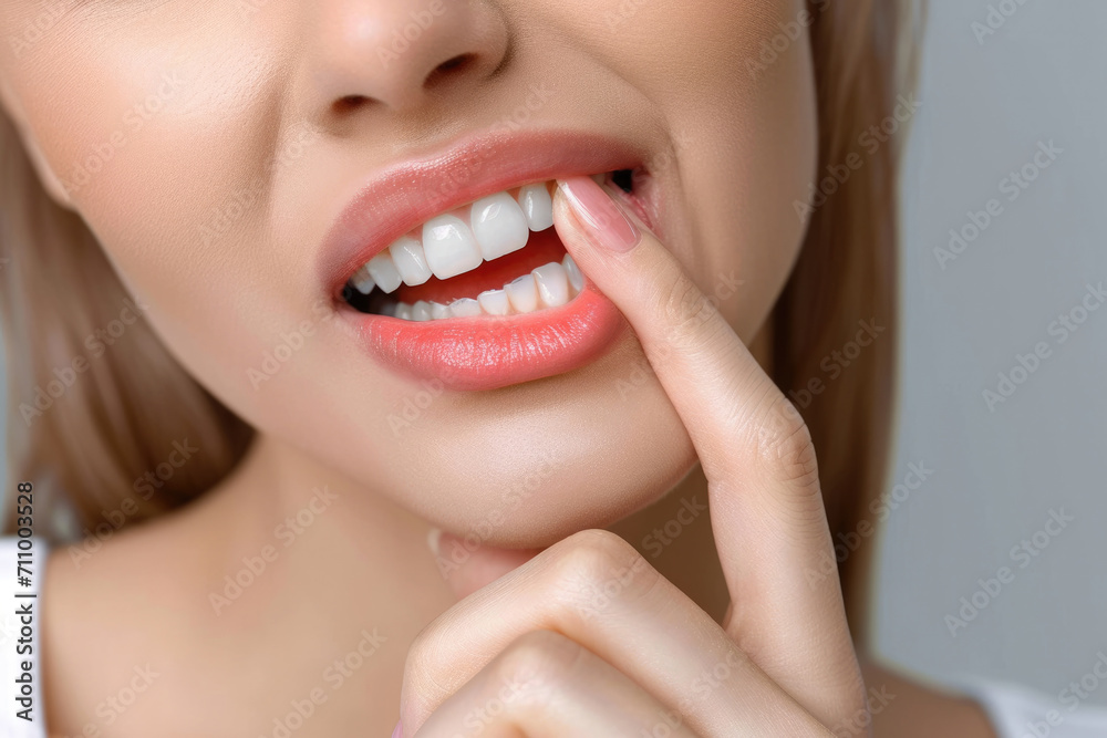 Girl with beautiful white teeth shows inflamed gums fingers, gum teeth problem Girl with beautiful white teeth shows inflamed gums fingers, gum teeth problem