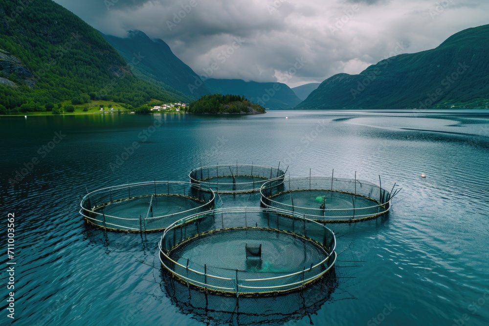 Fish cages positioned in a body of water. Suitable for aquatic farming and fishery concepts