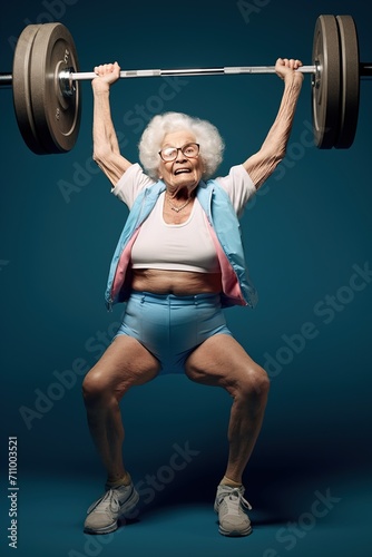 Muscular old woman lifting weights