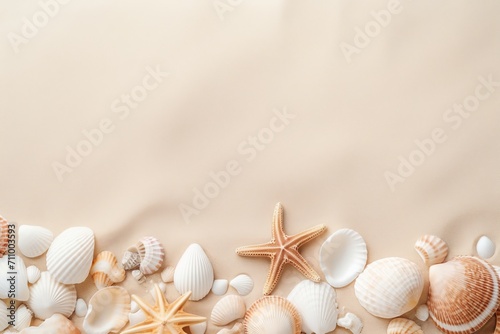 Generative AI image of Top view of a sandy beach with seashells and starfish copy space banner