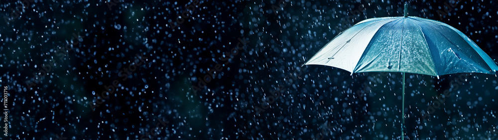 Generative AI image of Transparent umbrella under heavy rain against water drops splash background. Rainy weather concept.