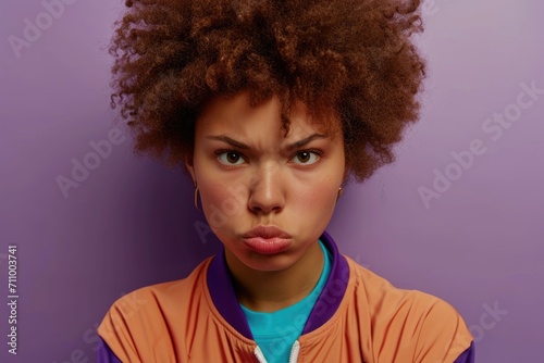Woman with afro hair making a humorous expression. Suitable for use in advertising, social media, or entertainment-related projects