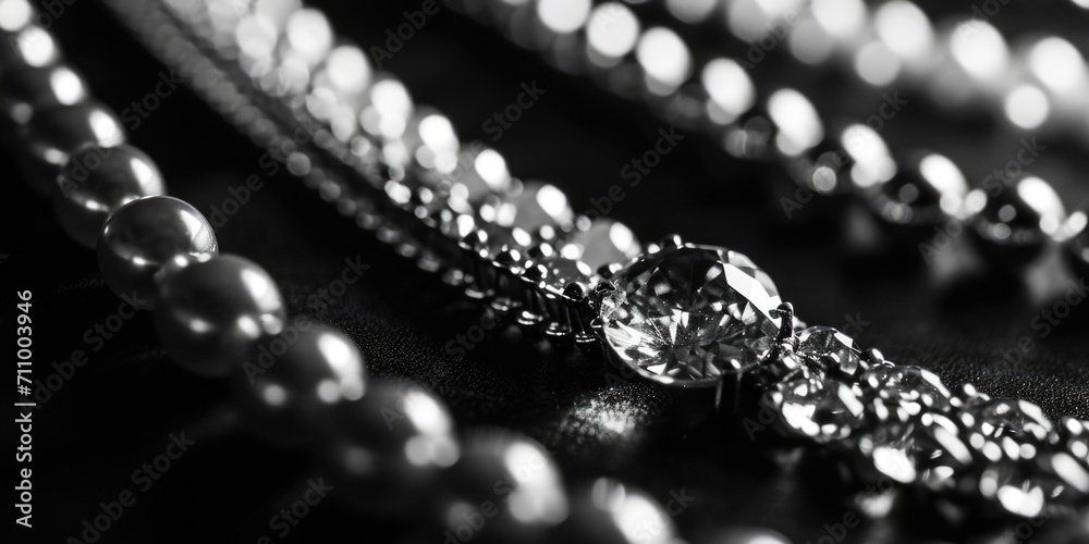 A close-up view of a necklace with a sparkling diamond pendant. This elegant piece of jewelry is perfect for adding a touch of glamour to any outfit A close-up view of a necklace with a sparkling diamond pendant. This elegant piece of jewelry is perfect for adding a touch of glamour to any outfit