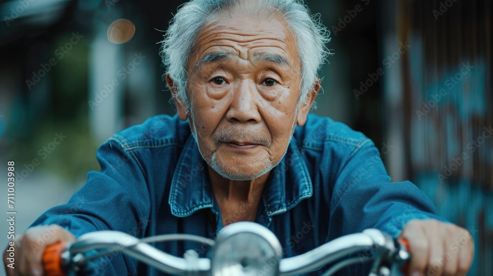 An older man riding a bike with a blue shirt on. Suitable for various applications