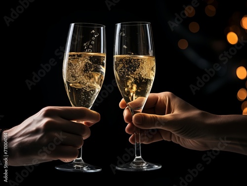 Generative AI image of Two champagne glasses clinking toast