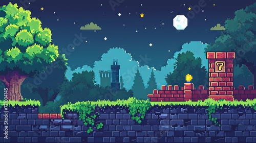 Pixel art game background with button level up. Game design concept in retro style. Vector illustration. Game screen pixel photo