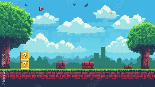 Pixel art game background with button level up. Game design concept in retro style. Vector illustration. Game screen pixel