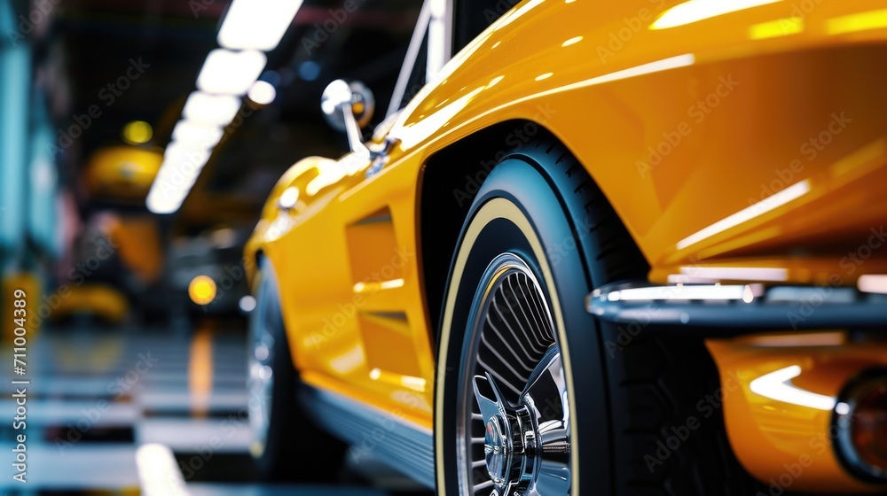 A close up view of a yellow car parked inside a garage. This image can be used to showcase automotive maintenance, car restoration, or garage organization projects