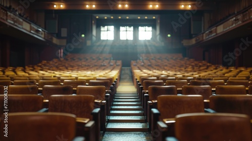 An empty auditorium with rows of chairs and a stage. Ideal for presentations, conferences, and performances