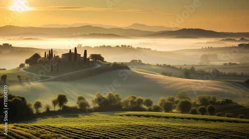 Breathtaking Sunrise Over Rolling Hills and Farmhouse photo