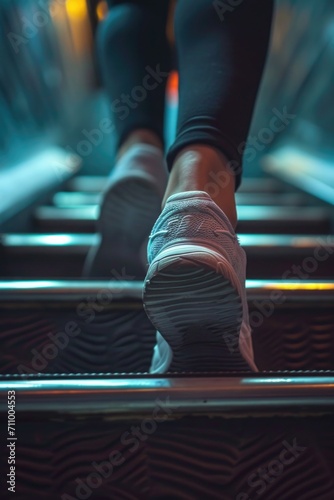 A close-up view of a person's feet on a set of stairs. This image can be used to depict concepts such as climbing, progress, movement, or a journey