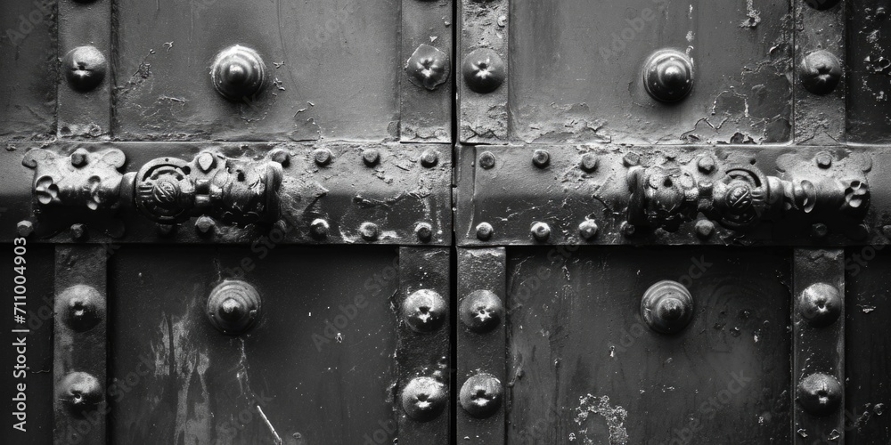 A detailed view of a metal door with visible rivets. This image can be used to depict industrial settings or as a background for designs related to construction and security