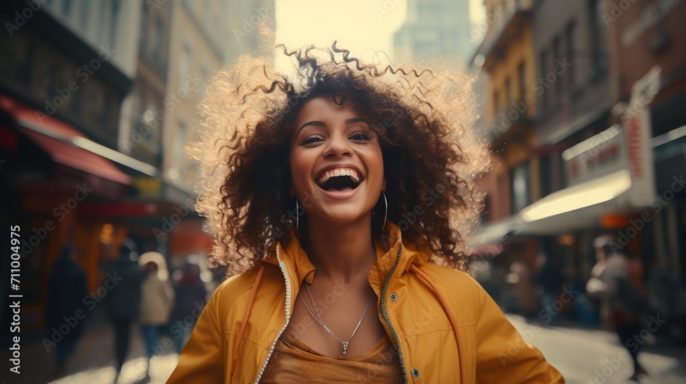 Happy woman with curly hair walking in the city street