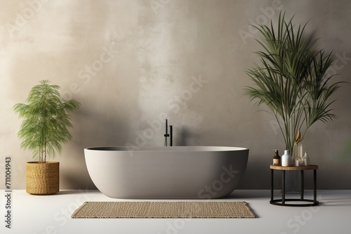 Bathroom interior with freestanding bathtub and plants