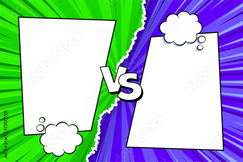 Cartoon comic background. Fight versus. Comics book colorful competition poster with torn paper element. Retro Pop Art style. Vector illustration