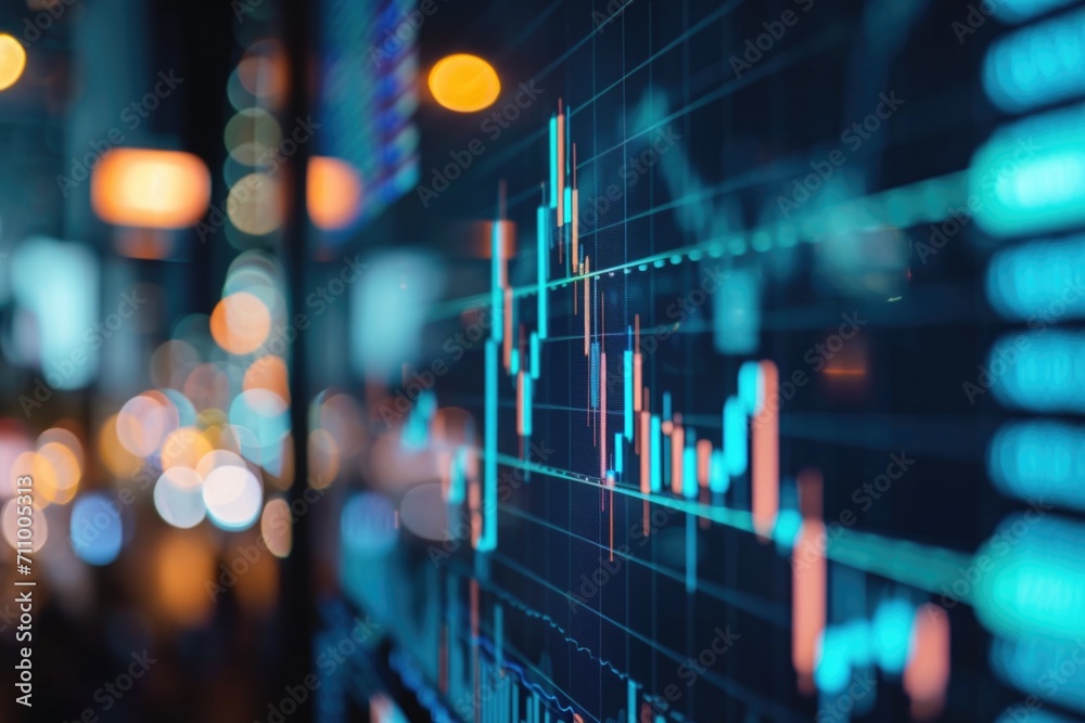 A close up view of a stock chart displayed on a wall. This image can be used to illustrate financial analysis, market trends, or investment strategies - obrazy, fototapety, plakaty 