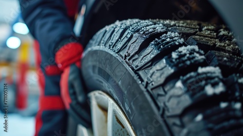 A person holding a tire covered in snow. This image can be used to depict winter, transportation, or a flat tire in snowy conditions