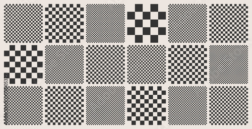 Trendy checkered pattern, black and white tiled grid. Funky geometric chessboard texture, retro background in 90s style, y2k. Vector illustration