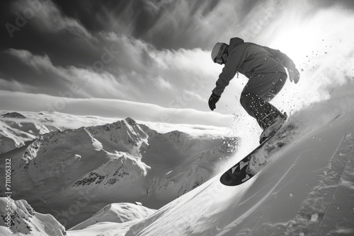 A man riding a snowboard down a snow covered slope. Perfect for winter sports enthusiasts and outdoor adventure themes