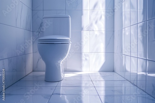 A white toilet sitting in a bathroom next to a window. Perfect for illustrating bathroom designs and interior concepts