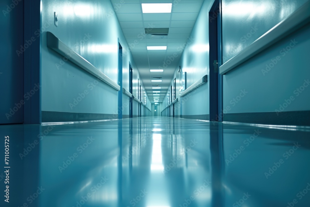 A long hallway with blue walls and flooring. Perfect for showcasing modern interior design.