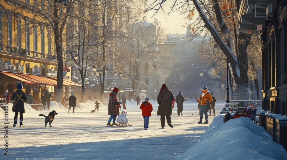 A group of people walking together on a street covered in snow. Perfect for winter-themed designs and illustrations A group of people walking together on a street covered in snow. Perfect for winter-themed designs and illustrations