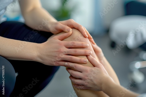A woman is seen holding her knee in pain while another woman offers support by holding her hand. This image can be used to depict empathy, friendship, support, or physical injury