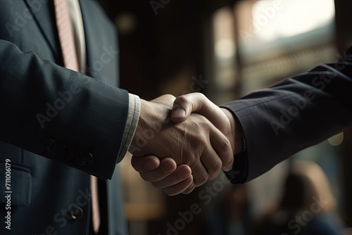 Successful businessmen shake hands as confirmation of their decisions after a meeting on a dark background photo