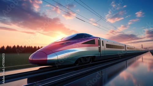 futuristic high speed train passing through countryside at sunset