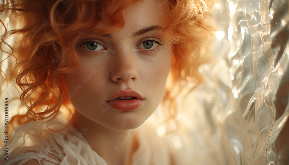 Young woman with curly hair looking at camera generated by AI Young woman with curly hair looking at camera generated by AI