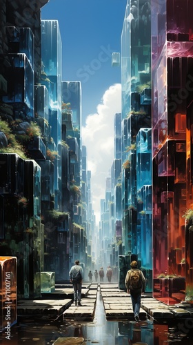 futuristic city with people walking down a street