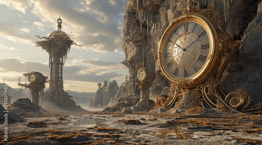 3D rendering of a fantasy alien landscape with a clock in the foreground - obrazy, fototapety, plakaty 