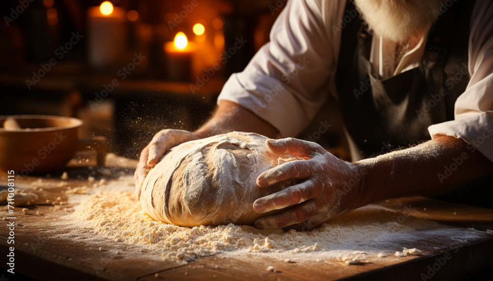 Men kneading dough on wooden table, homemade baking generated by AI