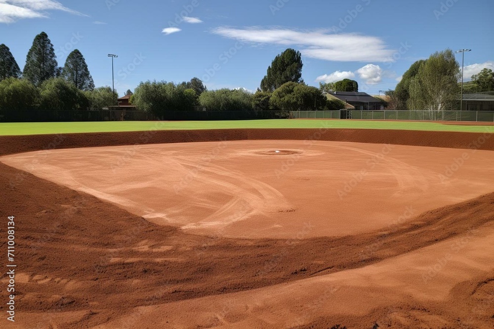 Sports field with red clay, pitchers mound, infield, sport, softball, game, dirt. Generative AI - obrazy, fototapety, plakaty 