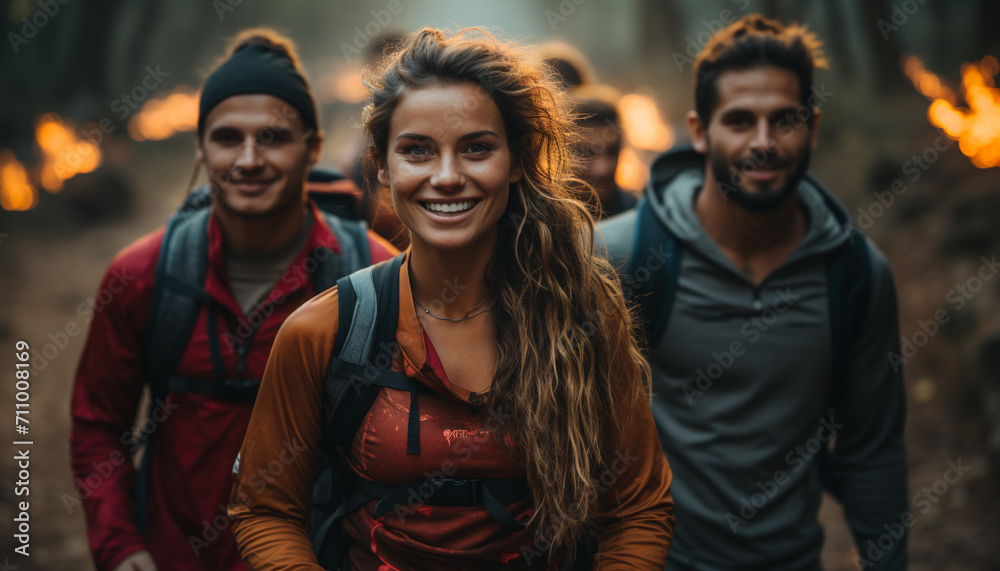 Young adults hiking in nature, smiling and happy generated by AI