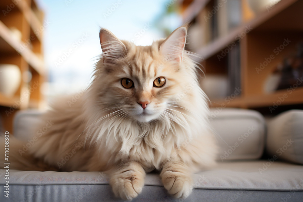 An amber-colored cat with captivating eyes rests on a soft couch, filling the frame with warmth. This cozy scene is perfect for home comfort and feline companion themes. An amber-colored cat with captivating eyes rests on a soft couch, filling the frame with warmth. This cozy scene is perfect for home comfort and feline companion themes.