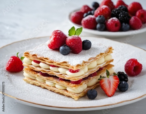A traditional French Mille-feuille dessert, perfectly layered and dusted with sugar, served with a side of bright, fresh berries.