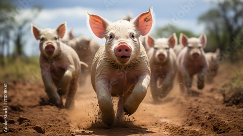 A group of happy pigs running in the field photo