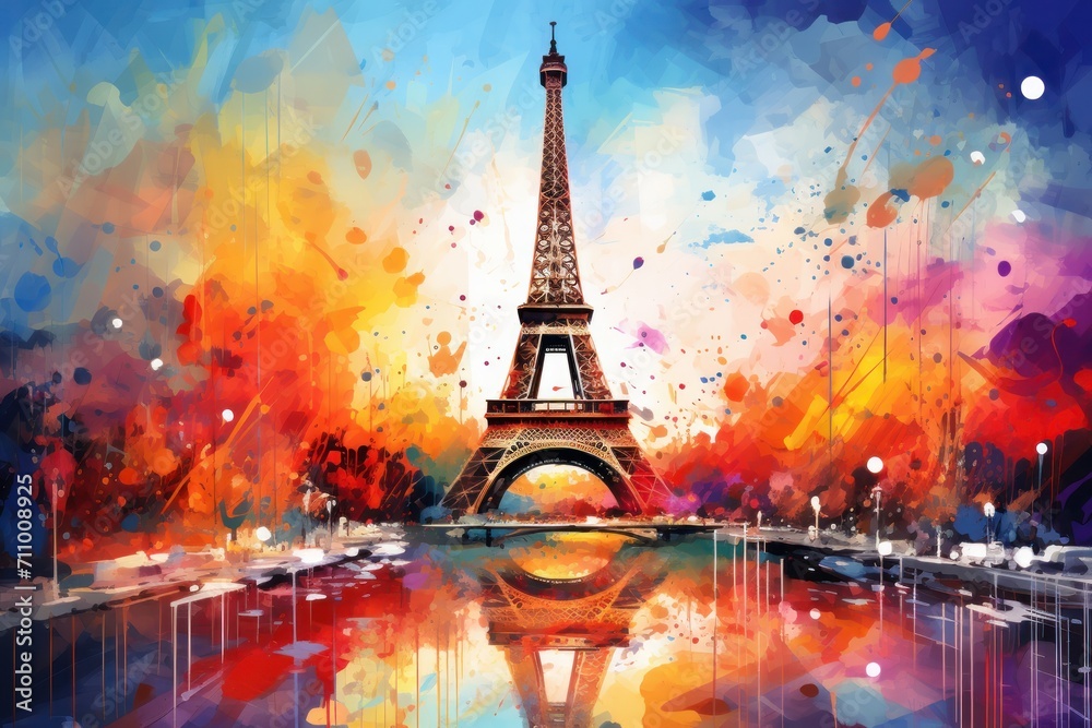 Eifel tower in colorfull splash paints style.