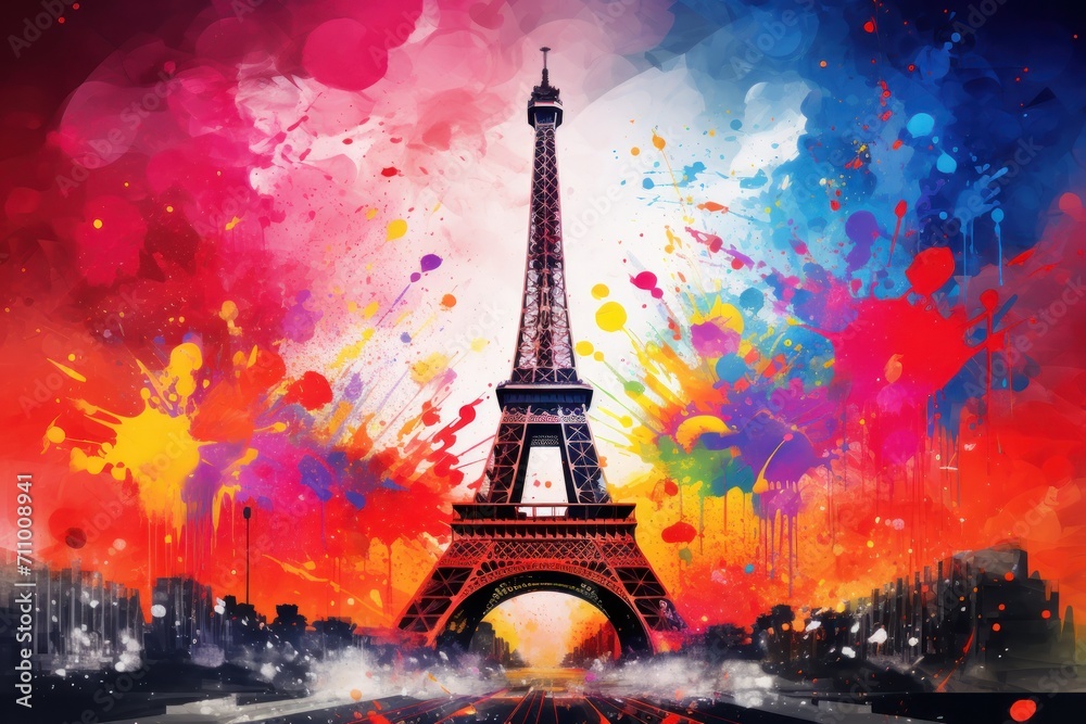 Eifel tower in colorfull splash paints style.