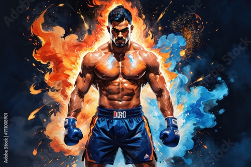 An asian Boxer with an assertive gaze against fiery and smoky surroundings.