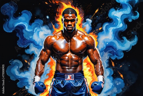 Strength in focus: Muscular black boxer fighter looking straight ahead with flames and blue smoke.