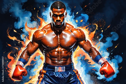 Fiery determination: Muscular black boxer with a focused look against a backdrop of flames and smoke