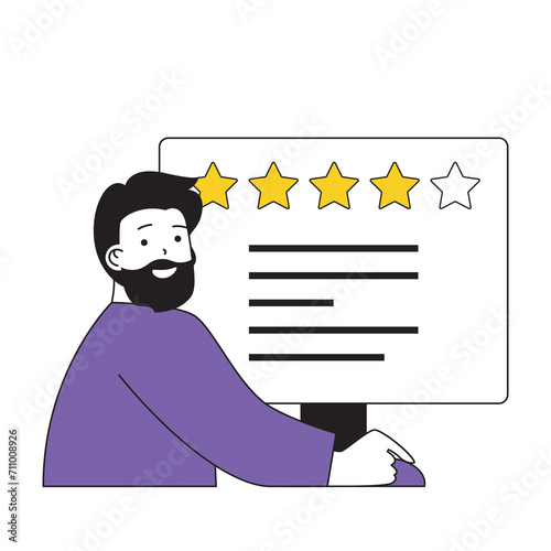 Online voting concept with cartoon people in flat design for web. Man giving feedback with stars rating for political candidate. Vector illustration for social media banner, marketing material.