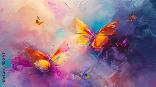 Abstract oil painting that captures the essence of butterflies. Vibrant colors and ethereal forms.